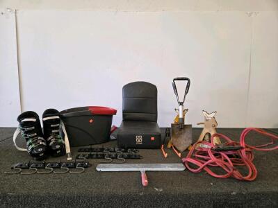 Mixed Tools and Equipment Lot: Rossignol Ski Boots, UTVMA UTV Seat, Jack Stands, and More