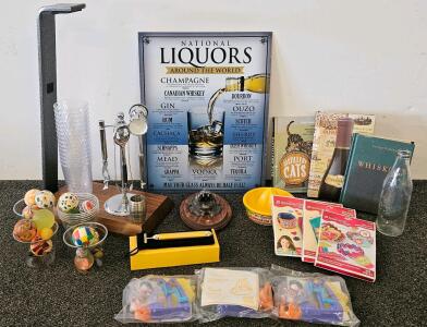 Jack Daniel&rsquo;s Bar Tool Set with Stand, 5 Tools, Wood Base, Branded Jigger, Chrome Finish. Metal National Liquors sign. American Girl craft sets, McDonald's toys, vintage Coca-Cola bottle, and more