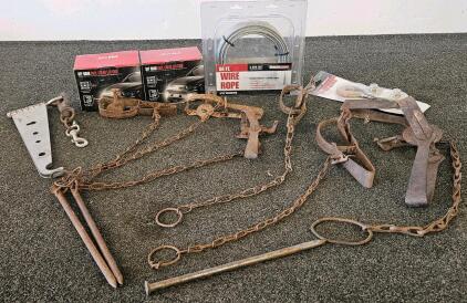 Lot: Vintage Steel Animal Traps, 2x Pilot 3" Dual Color LED Cubes, HaulMaster Wire Rope, Lifting Block