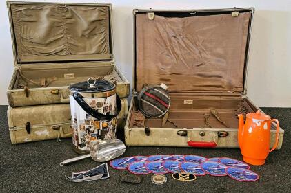 Vintage Samsonite Style 4521 Luggage Set with U.S. Navy Belt Buckle, Coins, USS Cusk Patches