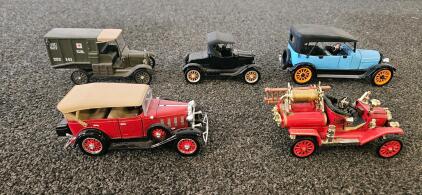 Lot of 5 Vintage Die-Cast 1:43 Classic Cars: Ambulance, Roadster, Touring, Sedan, Fire Engine