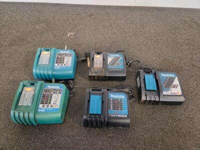 Makita Battery Chargers Lot &ndash; DC18RA (2), DC18RC (2), DC18SD (1), 7.2-18V, NiMH/Li-ion Compatible (All have been tested) (Shelf G)