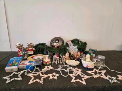 Christmas Decor Lot: Holiday Garland with Gold Bead Accents & Lights (Tested), Snowman Wreath, Highland Cow Statues, & More