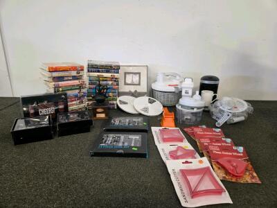 Mixed Lot Disney VHS, Letrix Food Processor(Tested), Tool Kits, Wine Sets, Kitchen Gadgets & Cutters (Shelf G)