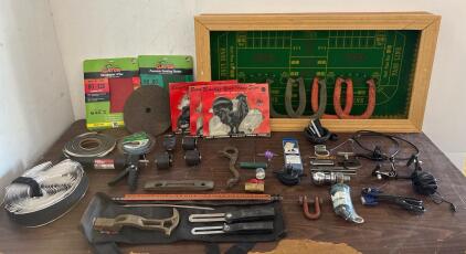 Mixed Tools, Craps Table Felt, Horseshoes, Cast Sign Figures, Sandpaper, Garage Hardware Lot