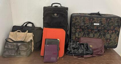 Travel Suitcase and Purse Lot Luggage and Bags: American Tourister, Jordache Suitcases, Handbags, Briefcase, Binders