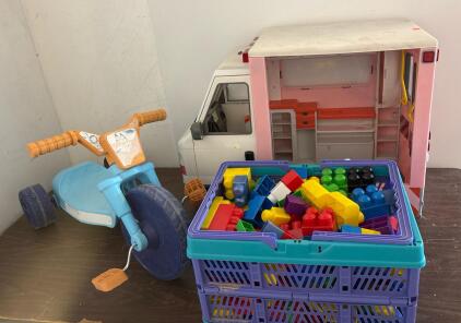 Large Toy Ambulance Playset, Ride-On Tricycle, 80-Piece Building Blocks Set, Crate Included