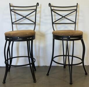 Set of 2 Cross-Back Metal Bar Stools with Light Brown Microfiber Seats