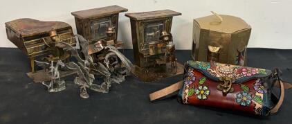 Vintage Music Boxes, Leather Bag, Dragon Figures Lot - Collectables