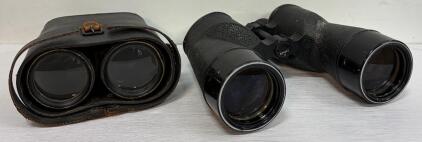 Vintage Binoculars Lot &ndash; 2 Pairs of Black Porro Prism Binoculars with Leather Case