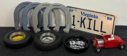 Mixed Lot - Vintage Auto, Barware & Game Collectibles (License Plate, Horseshoes, Toy Car, Ashtrays)