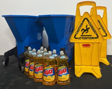 Commercial Janitorial Set: 2 Mop Buckets, 2 Rubbermaid Caution Signs, 8 Ajax 28oz Super Degreaser