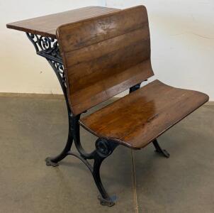 Antique Buffalo NY Cast Iron School Desk, Pat. 1901-1909, Integrated Bench, Inkwell Slot