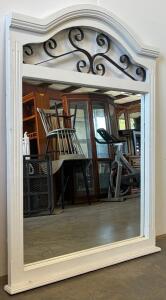 Arched Wall Mirror with White Wood Frame and Metal Scrollwork