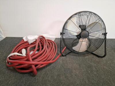 20" Industrial High Velocity Floor Fan( powered on) & 3/4" x 50 ft Red Rubber Hose w/ Brass Fitting( shelf G)