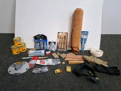 Leatherworking Tools Lot, Minwax Wood Stain, Leather Roll, Hardware, Chrome Plates, 30+ Items( shelf H)