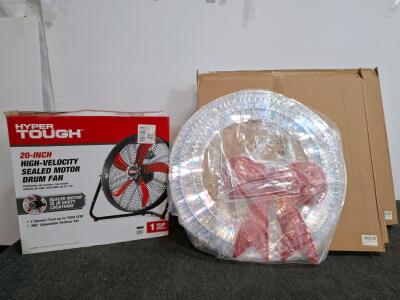 Hyper Tough 20-Inch High-Velocity Sealed Motor Drum Fan, 7000 CFM, 3 Speeds, Wall Mountable( appears to be new) 4 yard decorative lights, new) ( shelf B)