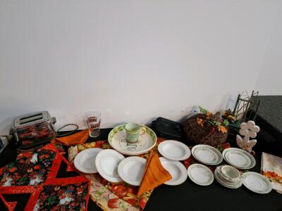 Vintage Chrome Toaster, ( powered on) Mixed China Tableware, Fall Decor, Placemats, Herb Bowl, Glass, Cup