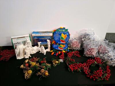 Large Assorted Christmas Lights & Decor Lot: LED C9, Net, Mini Lights, Nativity, Garlands ( shelf D)