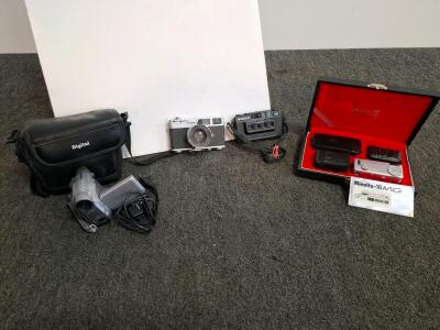 Vintage Minolta-16 MG, Bell & Howell/Canon, Nimslo 3D Cameras & Camcorder Lot with Cases( sony camcorder powered on) ( shelf G)