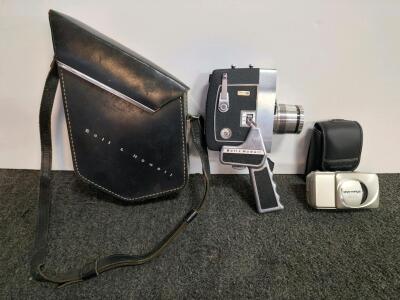 Olympus Stylus Zoom 140 DLX 35mm Film Camera & Bell & Howell Zoomatic 8mm Movie Camera with Cases ( shelf G)