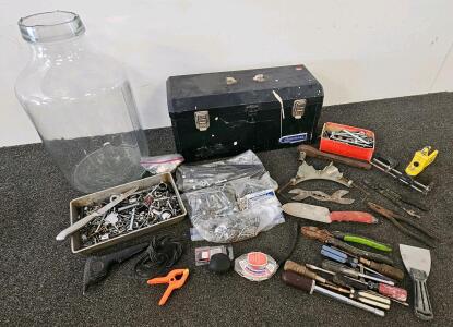 Large Lot Mixed Vintage Hand Tools, Hardware, 5-Gallon Glass Jar, Kobalt Metal Toolbox