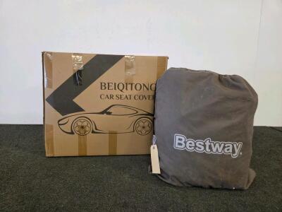 BEIQITONG 11-Piece Universal Car Seat Cover Set - Black Leopard/Cow Print, Faux Leather & Bestway Air Mattress (Shelf J)