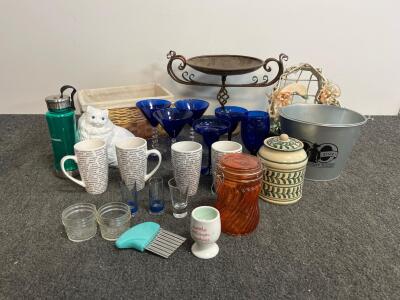 Large Mixed Lot Cobalt Blue Glassware, Ceramic Jars, Caldwell Rodeo Pail, Cat Figurine, 21pcs