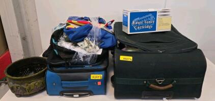 Mixed Lot: Suitcases, Garden Shears, Decorative Planter, Jar, Bag with Fruit/Vegetables