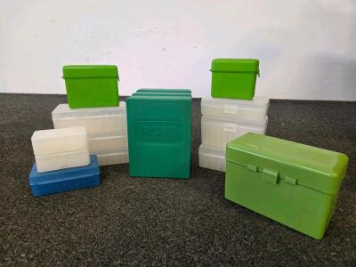 Collection of 12 RCBS and MTM Case-Gard Ammunition Storage Boxes, 20-Round Capacity, Various Calibers