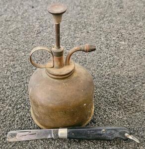 Vintage Brass Oil Can Sprayer & Camillus NY Pruning Knife, Early-Mid 20th Century, Black Handle
