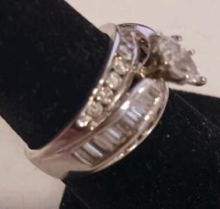 14K White Gold Marquise Diamond Bridal Set with Baguette & Round Accents