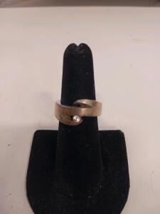 Sterling Silver 925 Modern Wrap Band Ring with Accent Stone, Wide Design, Marked 925