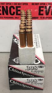 (40) Rounds Of Norinco ChinaSports .308 Win 147gr FMJ Steel Case Berdan Primed, 20 Rounds Per Box