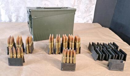 (1) Ammo Can, (21) M1 Garand 8-Round Clips & (70+) Rounds Of Assorted Ammo