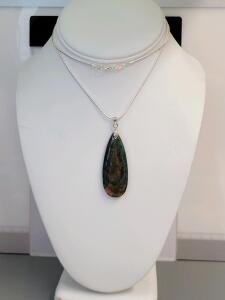 41.25ct Natural Green/Peach Dragon Vein Agate Teardrop Pendant 24" Necklace