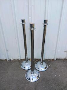 Three Stainless Steel Chrome Crowd Control Stanchion Posts &ndash; 39" Height, Weighted Base