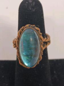 Vintage Gold-Tone Ring with Large Blue Oval Cabochon Stone, Twisted Rope Band Design