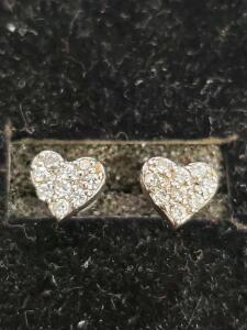 Heart-Shaped Sterling Silver Pav&eacute; Stud Earrings with Clear Stones, Butterfly Backs, Includes Box