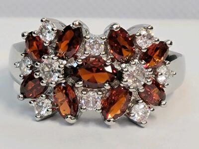 Red & Clear Sapphire Round Cut Faceted Ring, Size 10