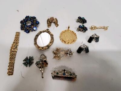 Vintage Costume Jewelry Lot &ndash; Brooches, Clip-on Earrings, Bracelet, Pendant, Jeweled Hair Comb