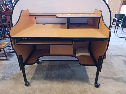 Modular Computer Desk with Casters, Light Wood Finish, Multiple Shelves, and Cable Management