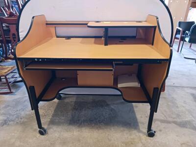 Modular Computer Desk with Casters, Light Wood Finish, Multiple Shelves, and Cable Management