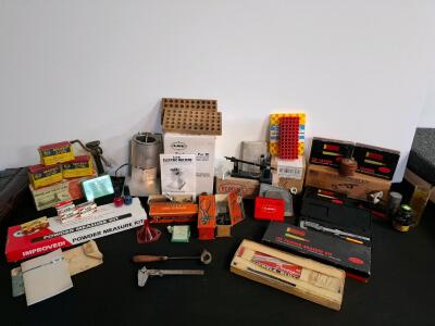 Large Lot of Lee, Lyman, Herter&rsquo;s, Redding Reloading Tools, Powder Measure Kits, and Accessories( melting pot powered on) (E)