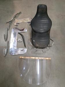 Vintage Motorcycle Sidecar Parts Set - Black Seat, Clear Windshield, Chrome Trim, Mounting Brackets (C)