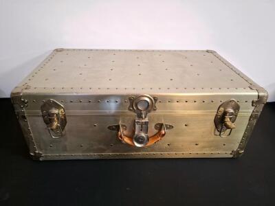 Vintage Metal Suitcase/Trunk with Leather Handle, Blue Checked Lining, 28" Riveted Construction (G)