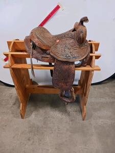 1953 Western Saddle, 15.5" Seat, Tooled Leather, Inscribed "Eagle Racing A 1953"