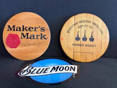 Maker&rsquo;s Mark and Woodford Reserve Bourbon Barrel Head Signs, Blue Moon Beer 3D Bar Sign (E)