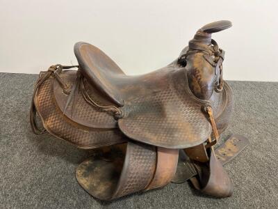 Western Roping Saddle, 15&ndash;16" Seat, Basketweave Tooled Leather, Leather-Covered Stirrups (D)