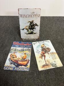 Winchester & Snake River Stampede Metal Signs, 12x8 in, Western Cowboy Rodeo & Fishing Art, Set of 3 (D)